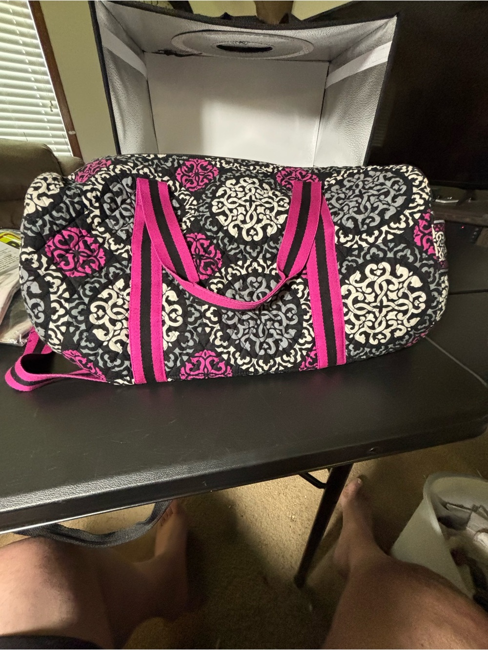 Vera Bradley Quilted Duffel with Pink & Black Scroll Print